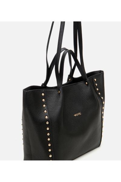 Hotiç Women's Leather Black Staple Detailed Tote Bag