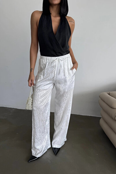 buHillco Jacquard Patterned Wide Leg White Satin Trousers with Elastic Waist