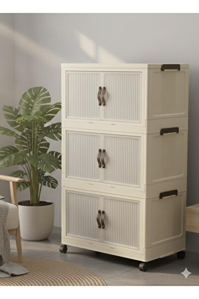 MOSTAFA خزانة ملابس من ثلاث طبقات بلون بيج منقط، مزودة بعجلات، قابلة للطي والفصل والتكديس