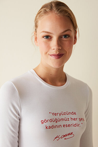 Penti Beyaz Slogan Baskılı Uzun Kol Üst