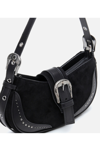 Hotiç Women's Suede Leather Black Buckle Detailed Shoulder Bag