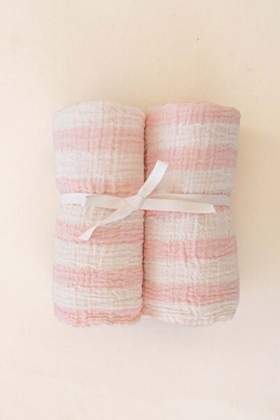 Barine Çizgili İnce Müslin Bebek Örtüsü 2'li Set 80x80 cm Pembe