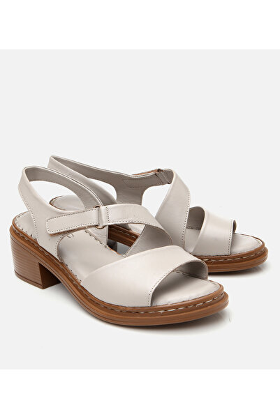 Hotiç Women's Leather Ecru Adjustable Comfortable Heeled Sandals