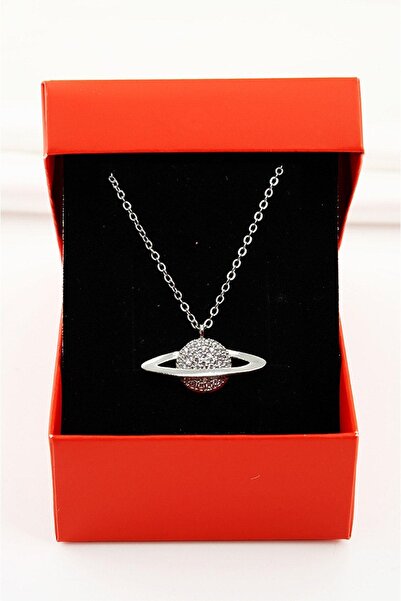 EUROMODA Satürn Tasarımlı Zirkon Taşlı Gümüş Kaplamalı Klipsli Kolye