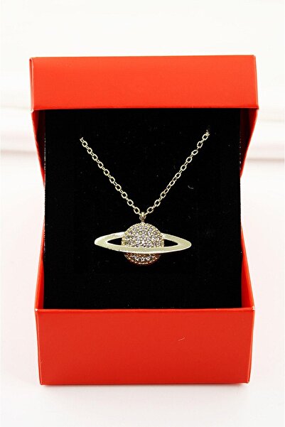 EUROMODA Satürn Tasarımlı Zirkon Taşlı Gümüş Kaplamalı Klipsli Kolye