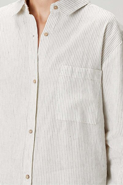 Barine Cămașă de in Lino Pijama cu dungi alb/negru