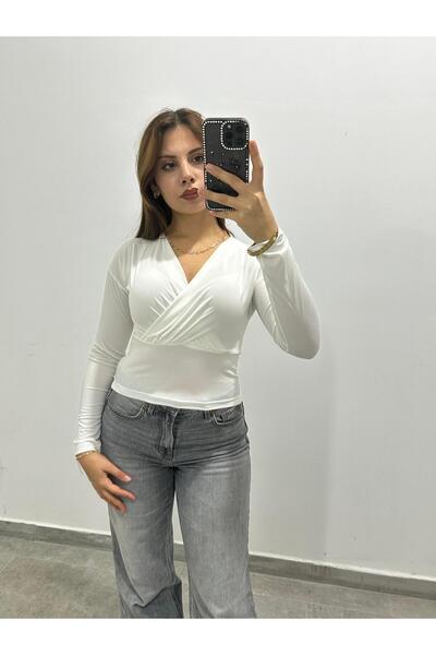 LONELY WOLF Блуза с V-образно деколте, дълги ръкави и кръстосана горна част