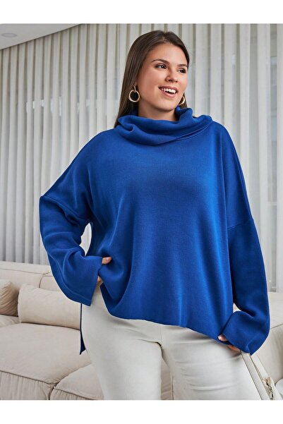 Paraf style Oversize Kadın Boğazlı Kazak Lacivert Salaş Triko