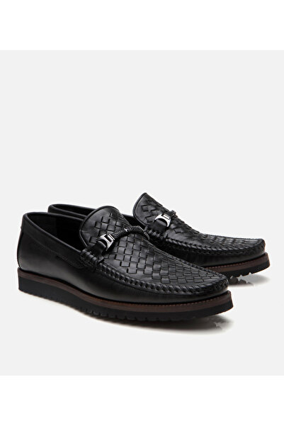 Hotiç Men's Leather Black Light Sole Loafer with Buckle Detail