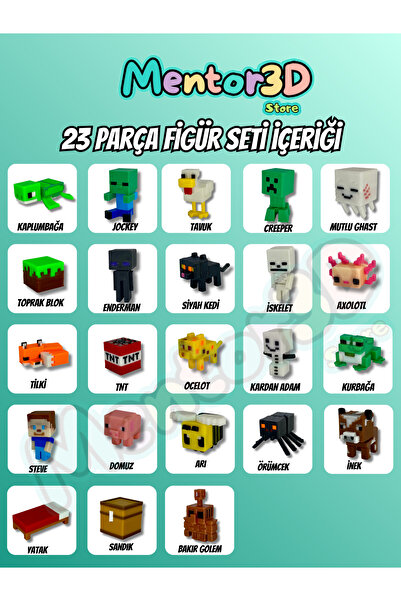 Mentor 3D Store Blok Oyuncak Minecraft Mini Figür Seti 23 Parça + Kutu ve Deprem Düdüğü Hediyeli