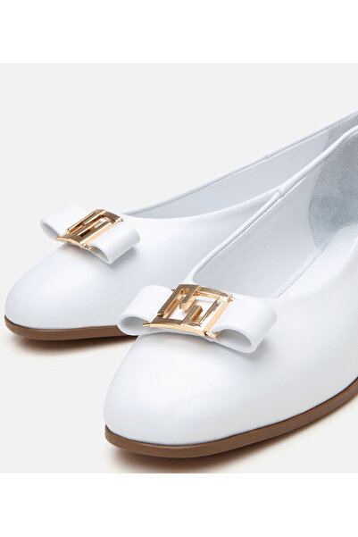Hotiç Women's Leather White Buckle Ballerinas
