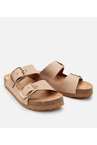 Hotiç Kadın Nubuk Deri Bej Kemerli Düz Terlik