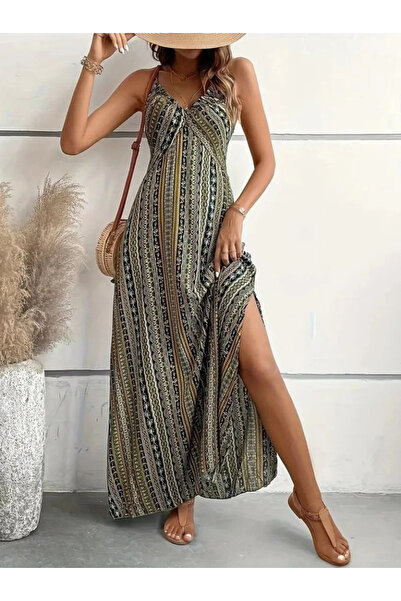 Wear Up Γυναικείο φόρεμα με πράσινο σχέδιο με κορδόνια με λεπτομέρεια σταυρωτ...