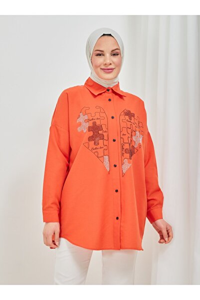 SAHRA BUTİK Jigsaw Puzzle Heart Printed Stone Embroidered Tunic - Orange - Sahra Buti̇k