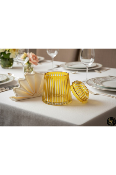 Kristal Market El Yapımı Kesme Kristal Merkür Vertical Desen Dekoratif Sunumluk Kapalı Peçetelik Amber