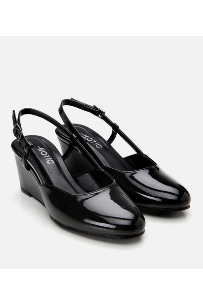 Hotiç Women's Patent Leather Black Open Back Wedge Heeled Shoes
