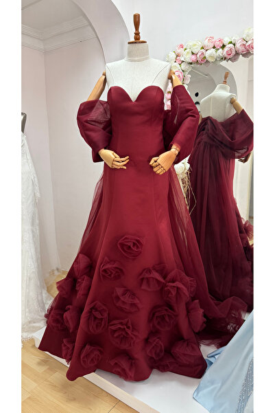 ELYORA Bordo 3Boyutlu Tül Çiçek Desenli, Pelerinli Balık Nişanlık, Kınalık