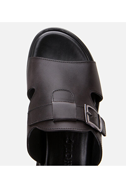 Hotiç Men's Leather Black Light Sole Belt Detailed Slippers