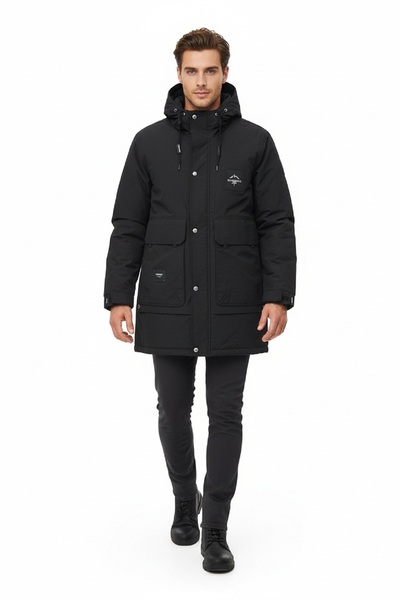 DYNAMO Men's Black Stand Collar Fixed Hooded Clamshell Pocket Waterproof and Windproof Insulated Sports Coat