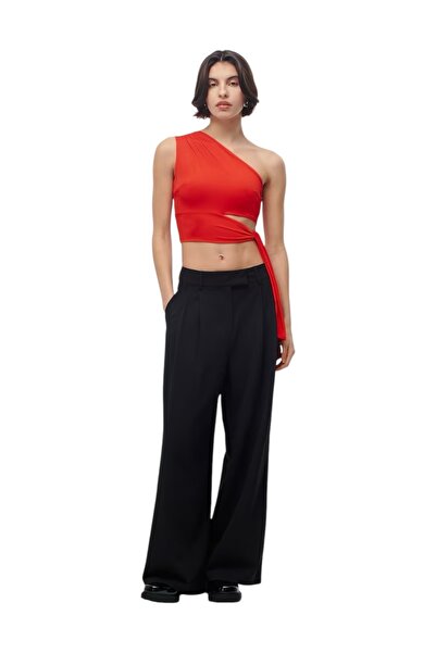 MAMAYAGA Women's Waist Tie Detail Single Sleeve Off-the-Shoulder Sports Stylish Comfortable Fit Croptop Blouse