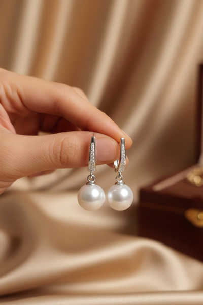 bymissmücevherat 925 Ayar Gümüş İnci Küpe | 10 mm Yuvarlak Sallantılı