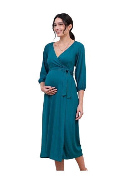MAMAYAGA Women's V-Neck Three Quarter Sleeve Waist Tie Midi Length Sport Stylish Viscose Maternity Dress