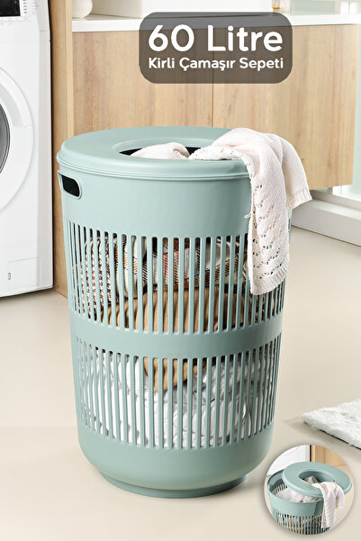 Meleni Home 60 Litre Solara Yuvarlak Kirli Sepeti - Kapak Detaylı Banyo Düzen...