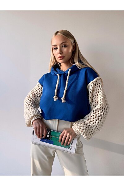 MAMAYAGA Tricotaj tricot cu mâneci pentru femei Design super elegant Oversize Crop Oversize Saks Blue Hanorac