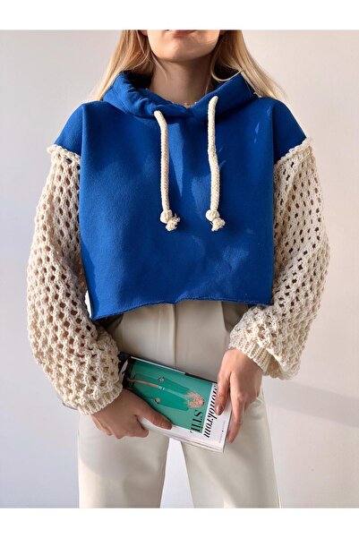 MAMAYAGA Tricotaj tricot cu mâneci pentru femei Design super elegant Oversize Crop Oversize Saks Blue Hanorac