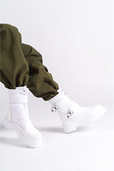 Joy Ayakkabı Elisa Velcro Parachute Fabric Patent Leather Women's Boots Bt - White