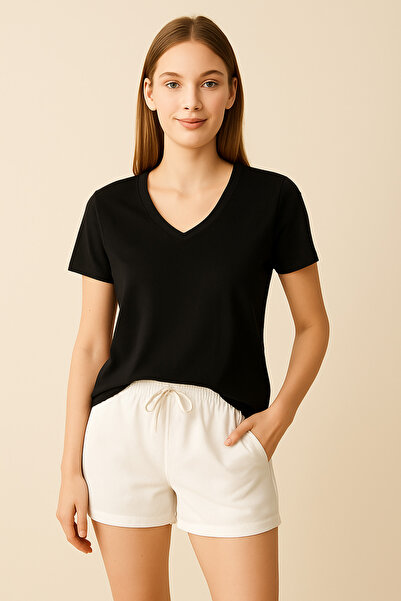 MAMAYAGA Γυναικεία μπλούζα με λαιμόκοψη V με μισό μανίκι Basic καθημερινή βαμ...