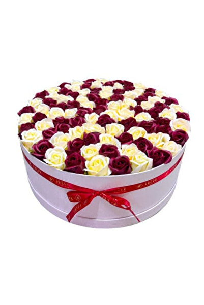 velve Aranjament floral cutie rotunda cu 125 trandafiri de sapun, Bicolor, Bo...