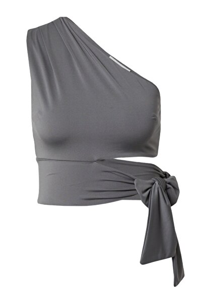 MAMAYAGA Жіноча талія краватка деталь з одним рукавом з плеча спортивний стильний комфортний облягаючий блузка кроптоп