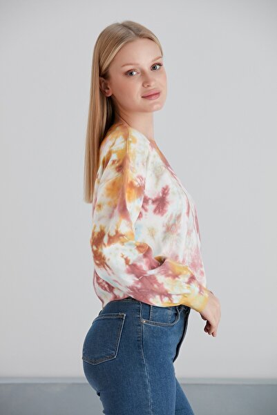 MAMAYAGA Women's Tie-Dye Pattern Crop Boy Yellow Pink Beige Knitwear Sweater