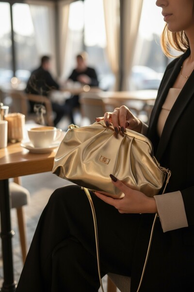 Classbag Parlak Suni Deri Gold Orta Boy Askılı Kadın Clutch Ve Abiye Çanta