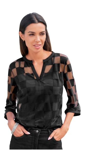 MAMAYAGA Γυναικεία μπλούζα με τετράγωνο σχέδιο σιφόν με τρία τέταρτα μανίκια ...