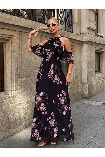 MAMAYAGA Women's Tulle Detailed Off-the-Shoulder Stylish Comfortable Fit Plus Size Evening Dress