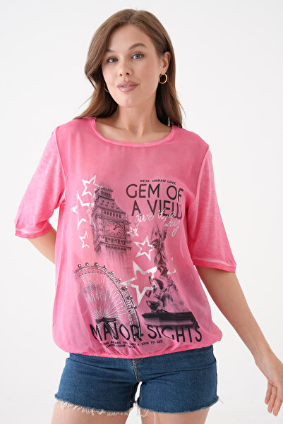 MAMAYAGA Kadın Bisiklet Yaka Kısa Kol Baskı Detaylı Spor Şık Curve Beli Lastikli Şifon Bluz