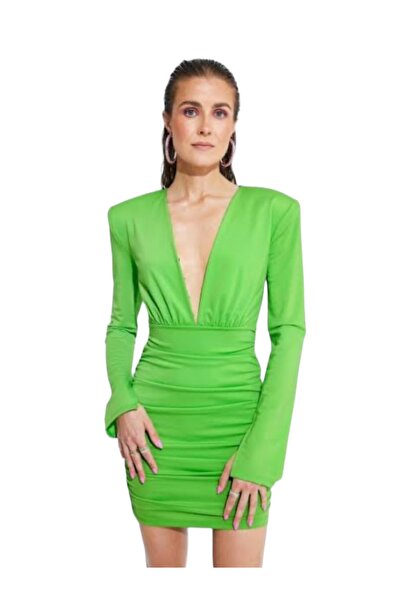 MAMAYAGA Kadın Vatkalı Uzun Kol Spor Şık V Yaka Vücudu Saran Mini Elbise