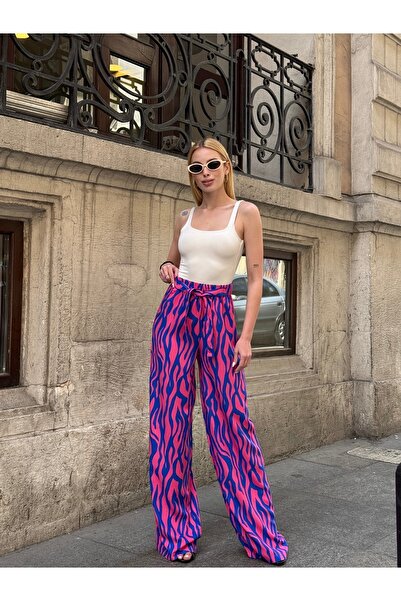 MAMAYAGA Women's High Waist Belted Patterned 100% Viscose Cotton Wide Leg Stylish Casual Large Size Curve Pants