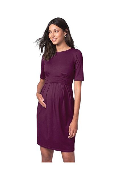 MAMAYAGA Kadın Kısa Kol Emzirme Detaylı Tesettüre Uygun Viskon Rahat Şık Midi Hamile Elbisesi