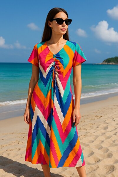 MAMAYAGA Women's V-Neck Front Gathered Half Sleeve 100% Viscose Patterned Sports Stylish Plus Size Curve Summer Dress