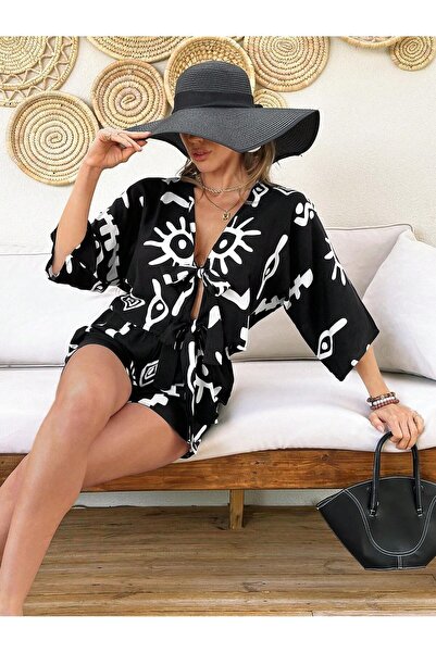 MAMAYAGA Jachetă pentru femei 100% bumbac, cu pantaloni scurți, cu model, sport de vară, elegant, confortabil, cu kimono, pantaloni scurți, set de sus și de jos