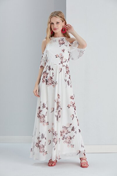 MAMAYAGA Women's Tulle Detailed Off-the-Shoulder Stylish Comfortable Fit Plus Size Evening Dress