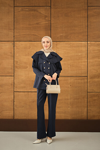 LOCCO Women's Front Button and Piping Detailed Double Set Navy Blue