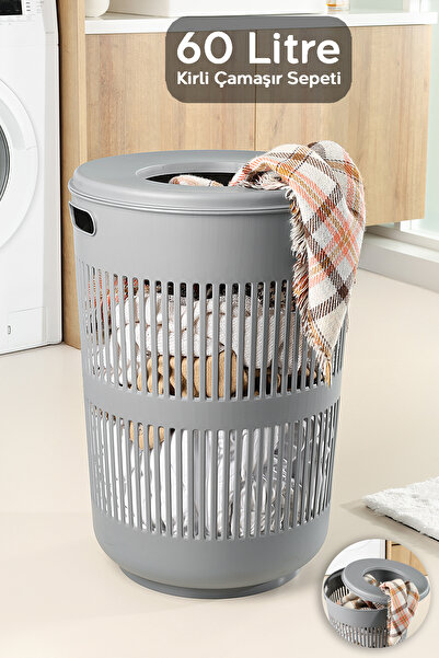 Meleni Home 60 Litre Solara Yuvarlak Kirli Sepeti - Kapak Detaylı Banyo Düzen...