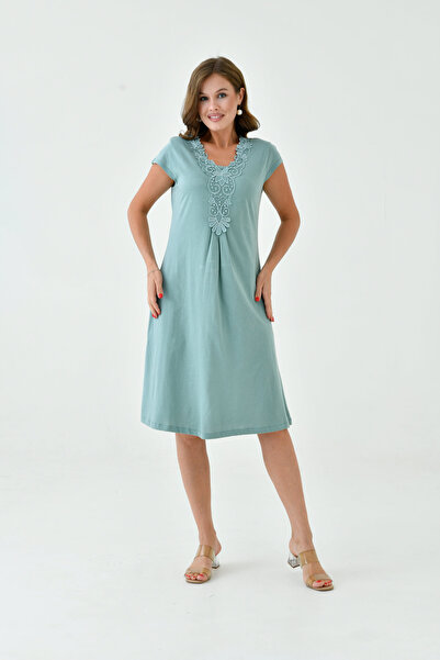 MAMAYAGA Γυναικείο νυχτικό φόρεμα με γιακά με κορδόνι σε γραμμή Α με μισό μανίκι βισκόζη καθημερινά Midi μήκους Plus Size