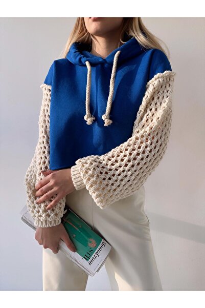 MAMAYAGA Tricotaj tricot cu mâneci pentru femei Design super elegant Oversize Crop Oversize Saks Blue Hanorac