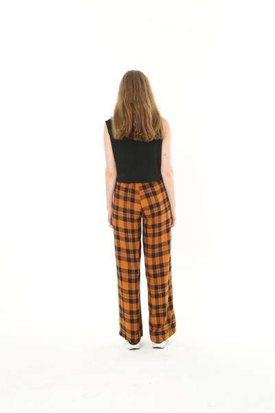 MAMAYAGA Women's Woven Viscose Checkerboard Patterned Large Size Slouch Pants with Pockets and Elastic Waist