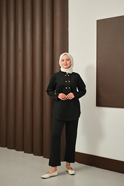 LOCCO Black Women's Double Suit - Button Detailed Oval Cutting